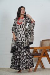BLACK & BEIGE HAND BLOCK PRINTED LEHENGA SET