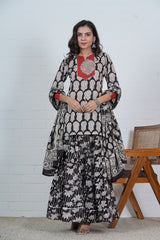 BLACK & BEIGE HAND BLOCK PRINTED LEHENGA SET