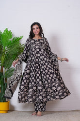 BAGRU BLACK – BLACK & IVORY HAND BLOCK PRINTED ANARKALI SET