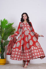 RUHANI – RUST RED HAND BLOCK PRINTED ANARKALI SET