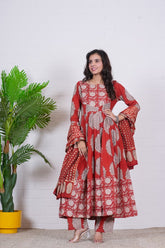 RUHANI – RUST RED HAND BLOCK PRINTED ANARKALI SET