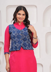 NOOR-E-NEEL – WINTER COTTON SLUB KURTI SET WITH HAND BLOCK PRINTED JACKET