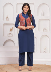 SURKH-O-NEEL – WINTER COTTON SLUB KURTI SET WITH HAND BLOCK PRINTED JACKET