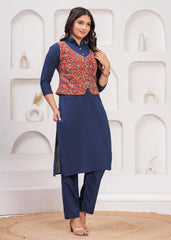 SURKH-O-NEEL – WINTER COTTON SLUB KURTI SET WITH HAND BLOCK PRINTED JACKET