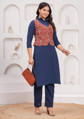 SURKH-O-NEEL – WINTER COTTON SLUB KURTI SET WITH HAND BLOCK PRINTED JACKET