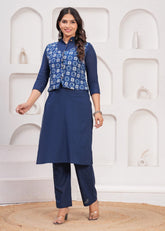NEEL-E-SHAAM– WINTER COTTON SLUB KURTI SET WITH HAND BLOCK PRINTED JACKET