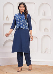 NEEL-E-SHAAM– WINTER COTTON SLUB KURTI SET WITH HAND BLOCK PRINTED JACKET