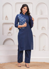NEEL-E-SHAAM– WINTER COTTON SLUB KURTI SET WITH HAND BLOCK PRINTED JACKET