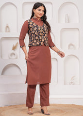 KESAR-E-KALAMKARI – WINTER COTTON SLUB KURTI SET WITH HAND BLOCK PRINTED JACKET