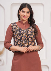 KESAR-E-KALAMKARI – WINTER COTTON SLUB KURTI SET WITH HAND BLOCK PRINTED JACKET
