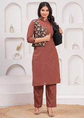 KESAR-E-KALAMKARI – WINTER COTTON SLUB KURTI SET WITH HAND BLOCK PRINTED JACKET