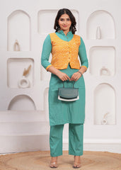 AARVI-E-AMBER – WINTER COTTON SLUB KURTI SET WITH HAND BLOCK PRINTED JACKET
