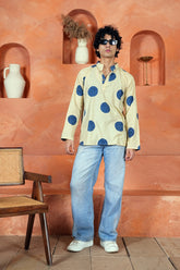BEIGE NAVY DOT - MEN’S HAND BLOCK KURTA