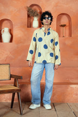 BEIGE NAVY DOT - MEN’S HAND BLOCK KURTA