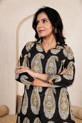 SYAAHI BLACK BUTTA - BLACK PAISLEY STRIPE STRAIGHT KURTA SET