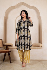 SYAAHI BLACK BUTTA - BLACK PAISLEY STRIPE STRAIGHT KURTA SET