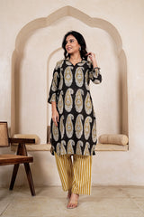 SYAAHI BLACK BUTTA - BLACK PAISLEY STRIPE STRAIGHT KURTA SET