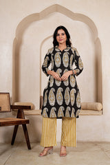 SYAAHI BLACK BUTTA - BLACK PAISLEY STRIPE STRAIGHT KURTA SET