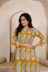 SYAAHI MUSTARD BUTTA - PAISLEY STRIPE STRAIGHT KURTA SET