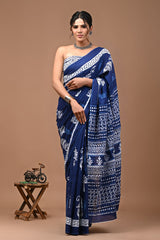 NEELAKSHI – INDIGO BLUE TRIBAL PRINT COTTON MUL MUL SAREE