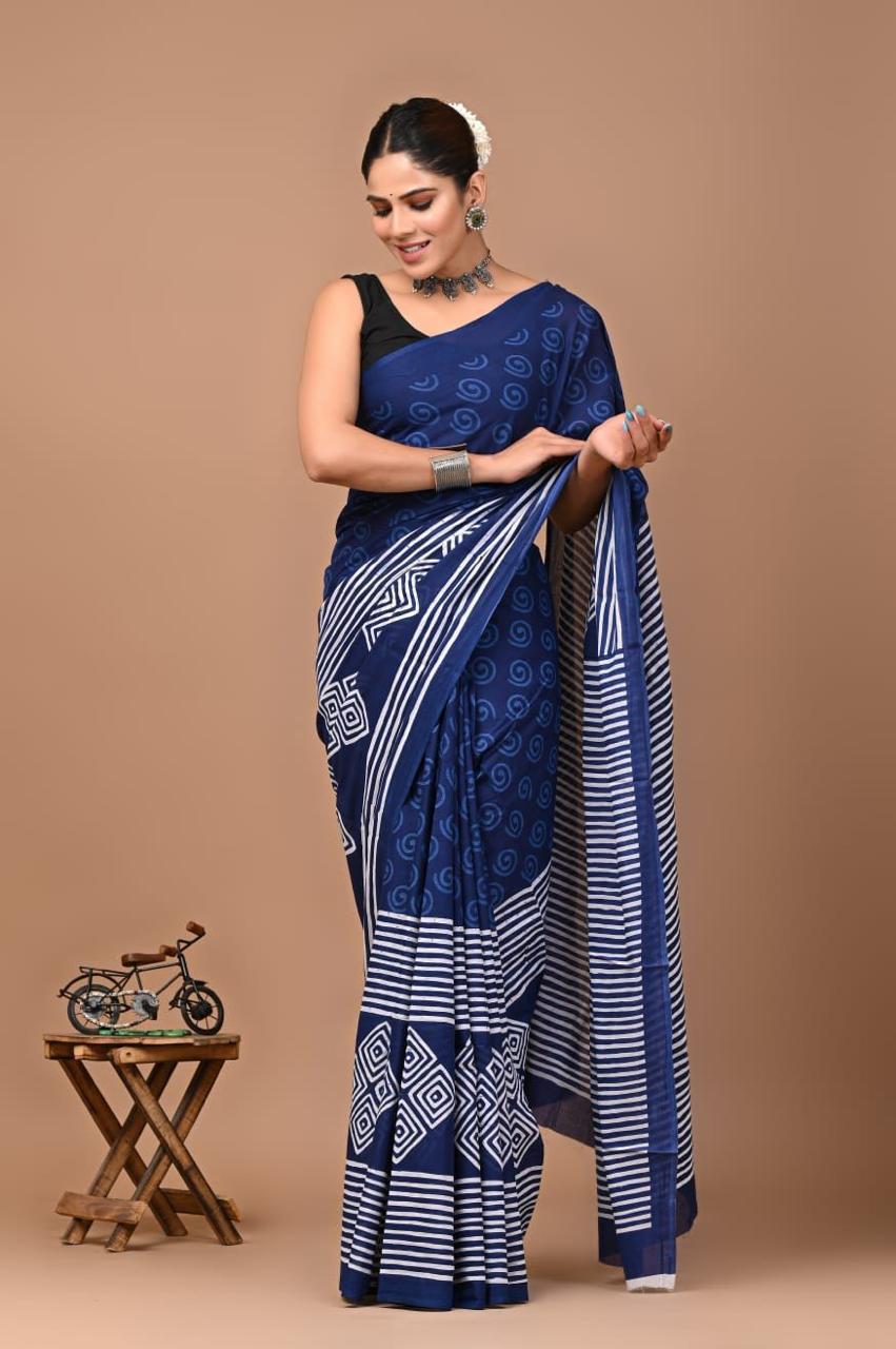 NEELAKSHI" – INDIGO BLUE TRIBAL PRINT COTTON MUL MUL SAREE