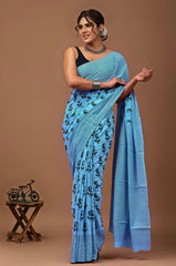 AAKAASHI – SKY BLUE PAISLEY PRINTED COTTON MUL MUL SAREE