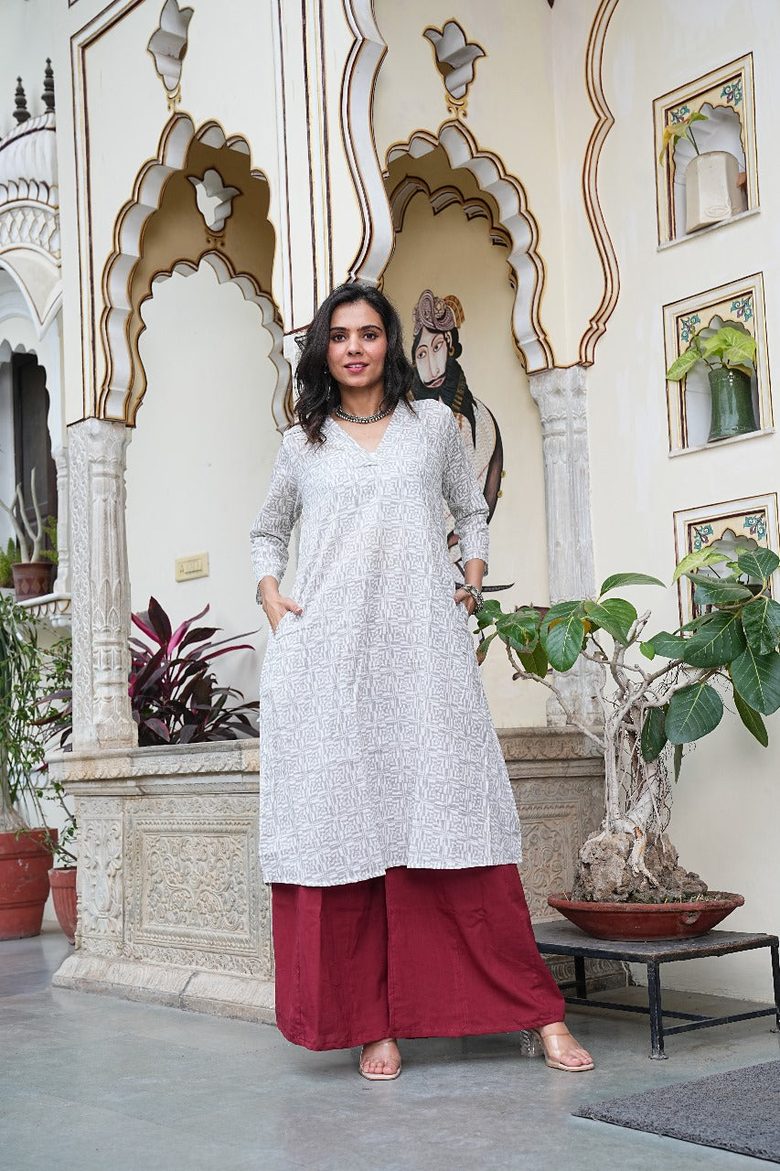 LIGHT GREY GEOMETRIC KURTA SET