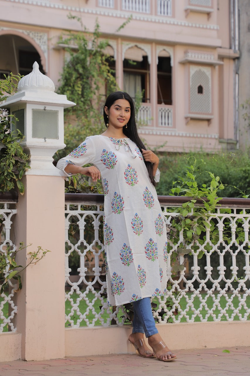 ELEGANT FLORAL HAND BLOCK PRINTED COTTON KURTI
