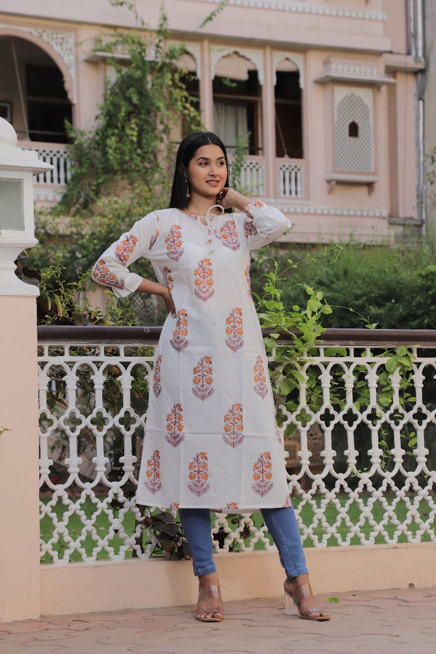 ELEGANT ORANGE FLORAL HAND BLOCK PRINTED KURTI