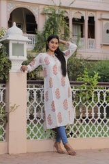 ELEGANT ORANGE FLORAL HAND BLOCK PRINTED KURTI