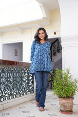 INDIGO FLORAL DAMASK COTTON TUNIC