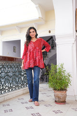 HOT RED BATIK PRINT COTTON TUNIC