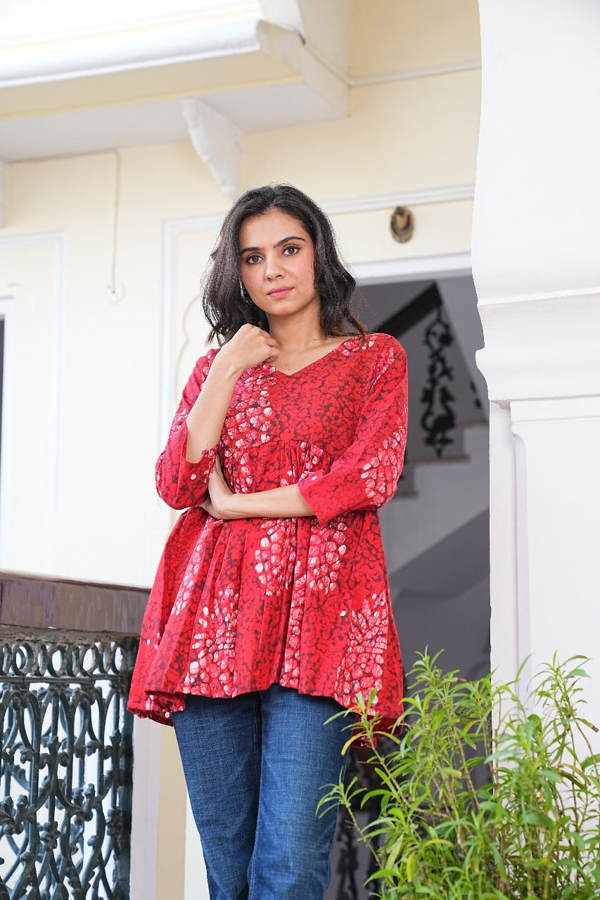 HOT RED BATIK PRINT COTTON TUNIC