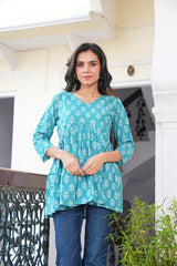 TURQUOISE FLORAL BLOCK-PRINT COTTON TUNIC