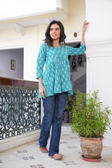 TURQUOISE FLORAL BLOCK-PRINT COTTON TUNIC