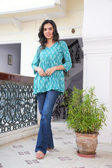 TURQUOISE FLORAL BLOCK-PRINT COTTON TUNIC