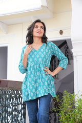 TURQUOISE FLORAL BLOCK-PRINT COTTON TUNIC