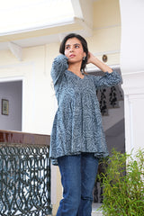 CHARCOAL GREY PAISLEY BLOCK-PRINT COTTON TUNIC