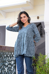 CHARCOAL GREY PAISLEY BLOCK-PRINT COTTON TUNIC