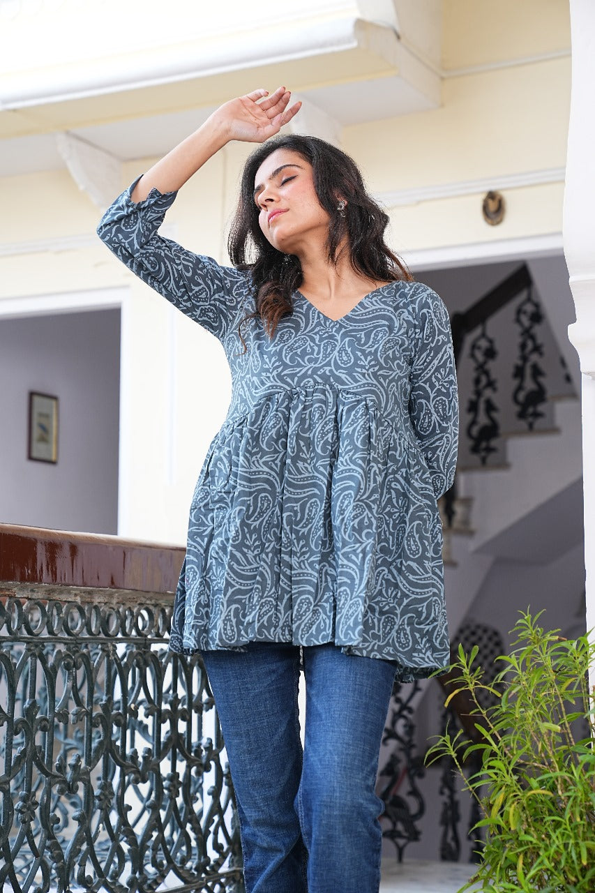 CHARCOAL GREY PAISLEY BLOCK-PRINT COTTON TUNIC
