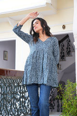 CHARCOAL GREY PAISLEY BLOCK-PRINT COTTON TUNIC