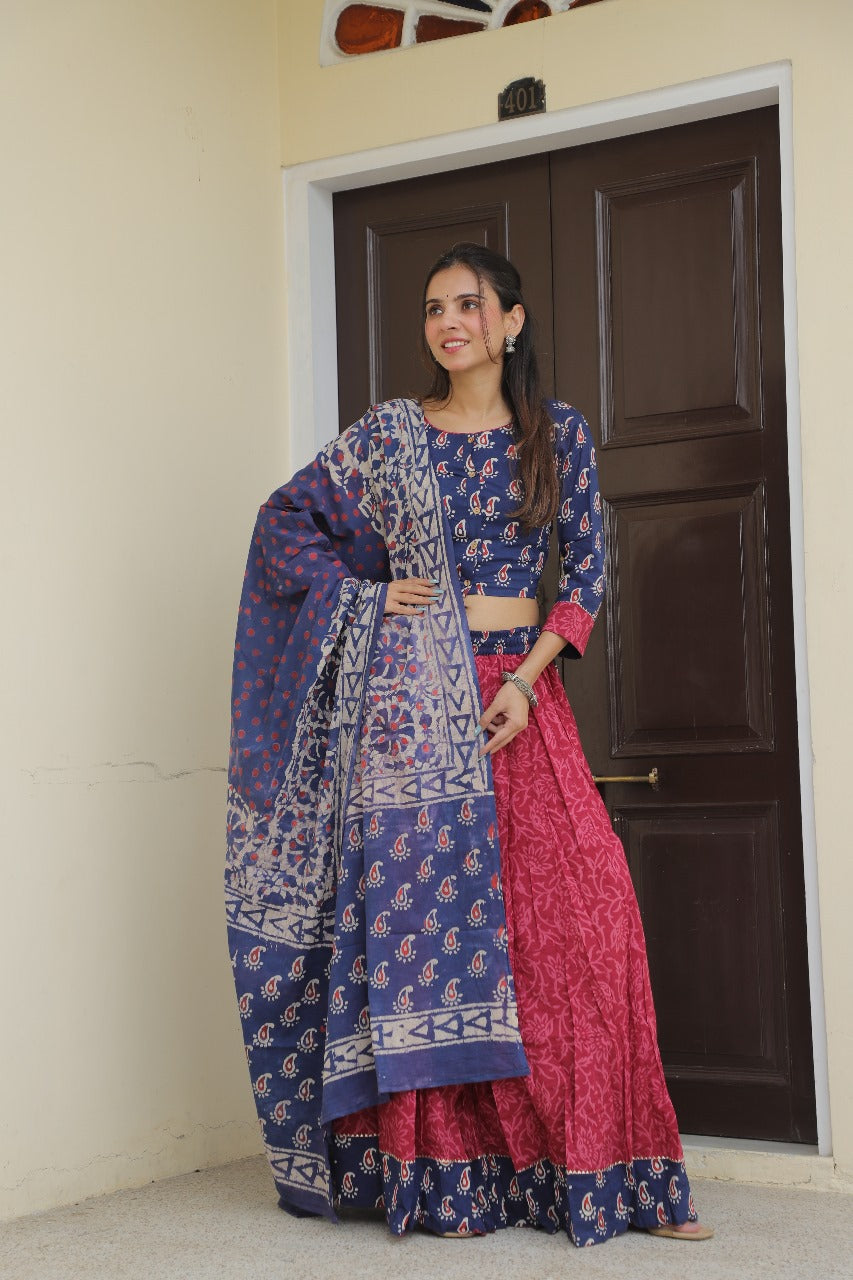 Royal Blue &MarronHandblock Printed Lehenga set
