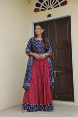 Royal Blue &MarronHandblock Printed Lehenga set
