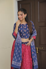 Royal Blue &MarronHandblock Printed Lehenga set