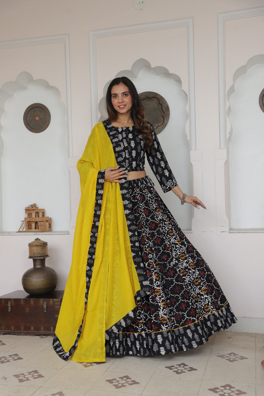 Black & Yellow Bandhani Printed Lehenga Set