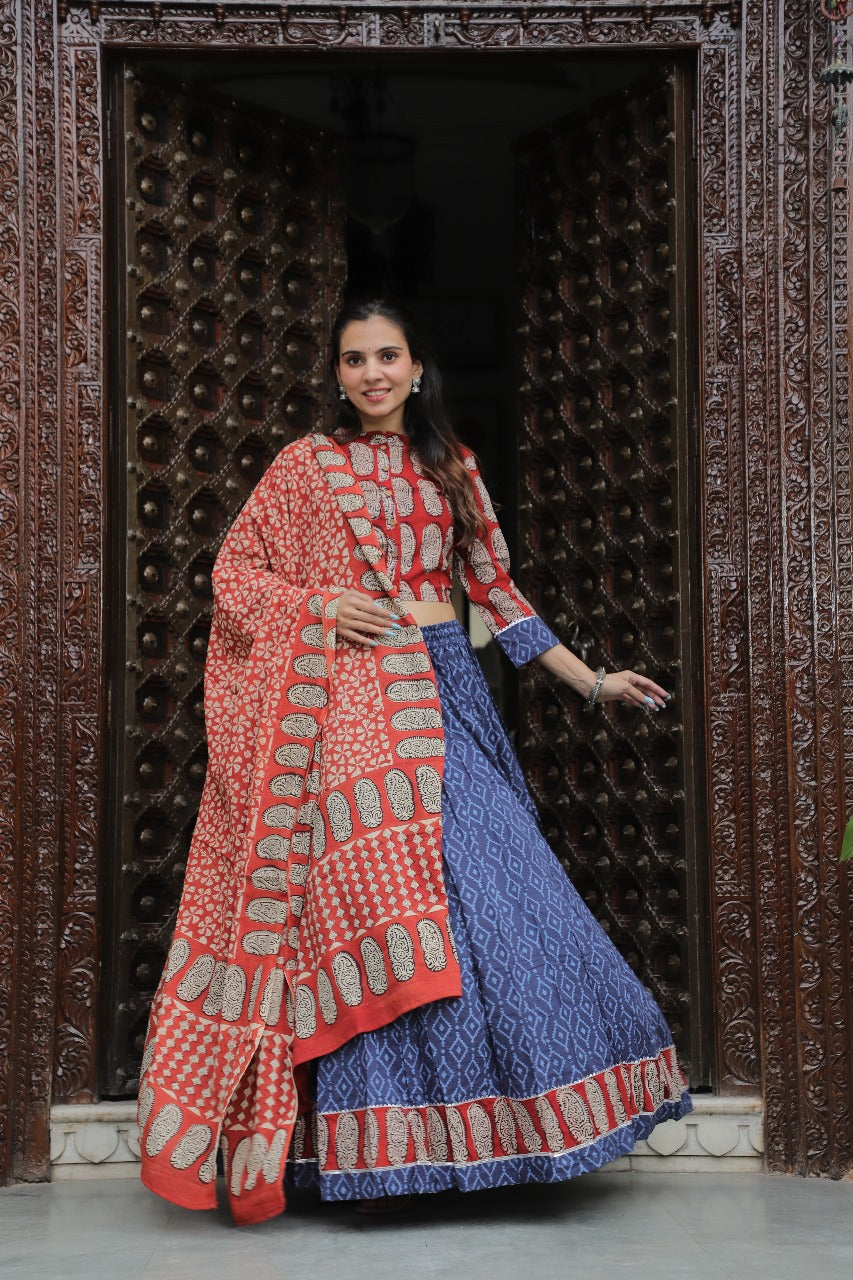 Indigo & Brick Red Paisley HandblockLehenga Set