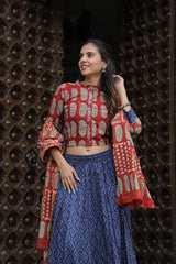 Indigo & Brick Red Paisley HandblockLehenga Set