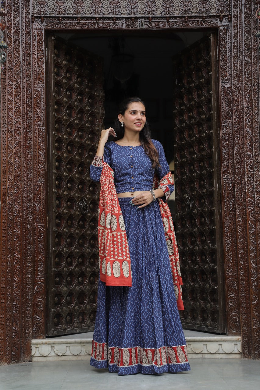 Indigo&syahi beggar HandblockLehenga Set