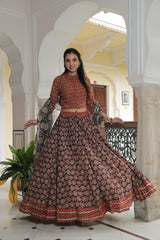 Rust & Black Ajrakh Printed Cotton Lehenga Set