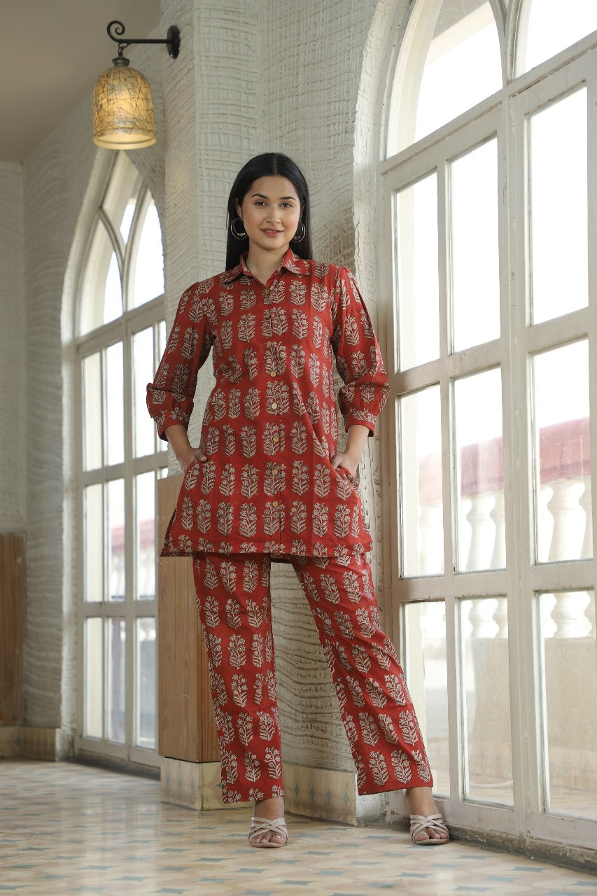 RUST BAGRU PRINT  HANDBLOCK-STYLE CO-ORD SET